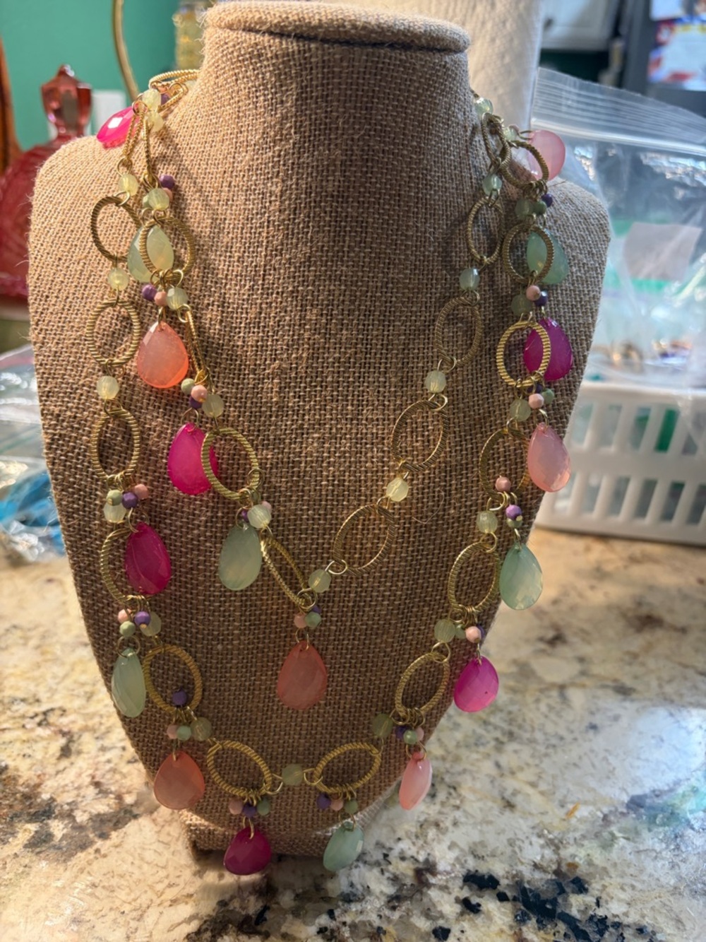 Pier 1 Gold-Tone Layered Necklace with Pink, Coral, and Pale Green Teardrops